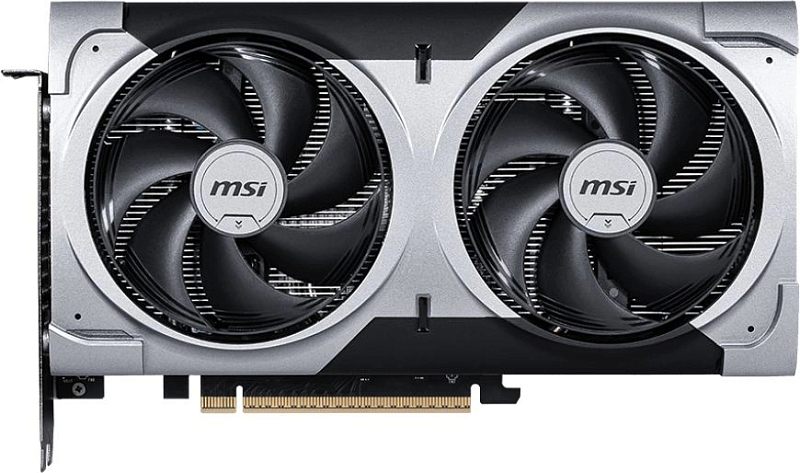 Фото-1 Видеокарта MSI GeForce RTX 5060 Ti Ventus 2X Plus, вид спереди на белом фоне: серебристо-чёрный корпус с двумя вентиляторами и открытой PCIe-кромкой; фото показывает фронтальную часть системы охлаждения для карточки товара.