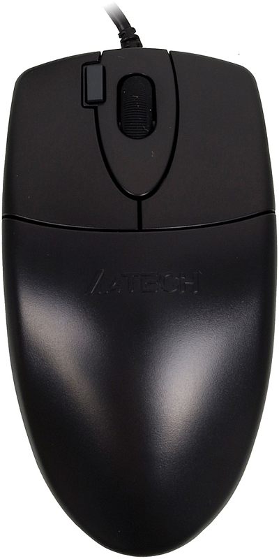 Фото-1 Проводная мышь A4Tech OP-620DS, чёрный, вид сверху; на фото видны симметричные кнопки, колесо прокрутки, широкая текстурированная вставка между кнопками и логотип A4TECH в нижней части корпуса; на белом фоне для страницы товара, чтобы показать верхнюю панель модели.