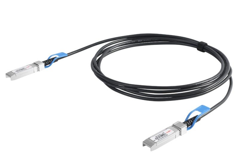 Фото-1 Кабель прямого подключения Lonte Technology DAC SFP28 — SFP28, вид целиком; чёрный кабель уложен кольцом, по краям серебристые SFP28-модули с синими откидными язычками фиксации и наклейками на корпусе; изображение показывает тип коннекторов и форму DAC-кабеля для страницы товара.