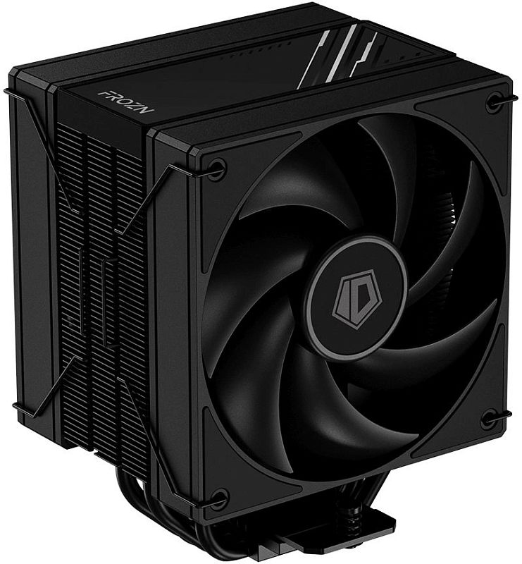 Фото-1 Кулер для процессора ID-Cooling FROZN A410 DK, вид спереди под углом: чёрный вентилятор на башенном радиаторе, сверху крышка с маркировкой FROZN и диагональными линиями; изображение показывает внешний вид кулера на странице товара.
