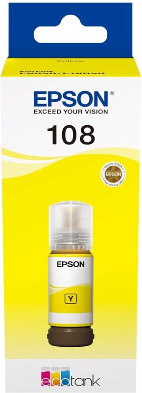 Фото-1 Чернила Epson 108 C13T09C44A, фронтальный вид упаковки; видны логотип Epson, номер серии 108, изображение флакона с меткой Y и знак EcoTank, цвет на фото жёлтый, для страницы товара важно как подтверждение серии, цвета и формата 70 мл.