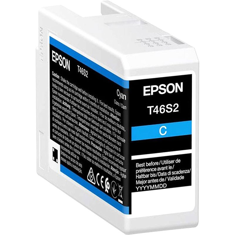 Фото-1 Картридж Epson T46S2 голубой, вид под углом на сам картридж без упаковки; на фото виден белый прямоугольный корпус с чёрной лицевой этикеткой Epson T46S2, голубой полосой C и верхним фиксатором; изображение показывает форму корпуса и цветовую маркировку для страницы расходного материала.