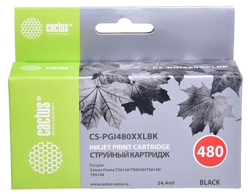 Фото-1 Картридж Cactus PGI480XXLBK, вид спереди на упаковку. На фото светло-серая коробка с зелёной боковой полосой, вырубным подвесом, маркировкой CS-PGI480XXLBK и обозначением black. Объём на лицевой стороне — 24 мл. Изображение важно для карточки товара, потому что показывает модель, цвет и фронтальную упаковку расходника.