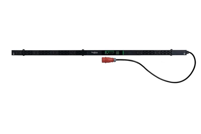 Фото-1 Распределитель питания Systeme Electric Uniprom UP8881 Zero-U, общий вид: длинная шина с множеством разъёмов IEC по длине, центральный блок управления/индикации, кабель с красной промышленной вилкой; чёрный корпус, чтобы оценить компоновку выходов и подключение питания в стойке.