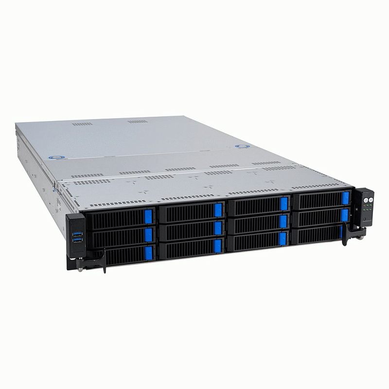 Фото-1 Серверная платформа ASUS RS520A-E12 RS12U, вид спереди под углом, двенадцать корзин 3,5" на передней панели с синими фиксаторами, слева фронтальные USB, справа блок индикации, корпус серебристый с чёрной лицевой частью.