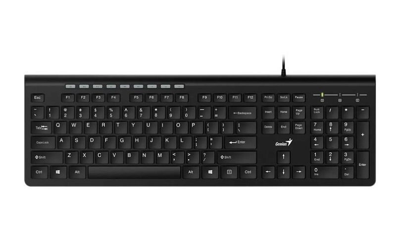 Фото-1 Мембранная клавиатура Genius SlimStar 230II, вид сверху; полноразмерная раскладка с цифровым блоком, проводной кабель, чёрный корпус и широкая верхняя панель с дополнительными клавишами; фото показывает общий внешний вид и расположение элементов для страницы товара.