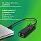 Фото-5 Сетевой адаптер Digma D‑USB‑LAN100, демонстрация подключения к ноутбуку; чёрный корпус с кабелем USB‑C и разъёмом RJ‑45 на торце, зелёный фон с текстом о совместимости ОС; показывает тип подключения и разъём Ethernet на странице товара.