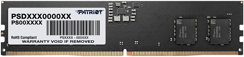 Фото-1 Модуль памяти Patriot Signature Line PSD516G480081, 16GB DIMM DDR5 4800MHz - фронтальный вид. Видны тёмная плата, белая наклейка Patriot, два чипа памяти справа и узел питания в верхней части. Фото помогает сопоставить маркировку и конструкцию модуля на странице товара.