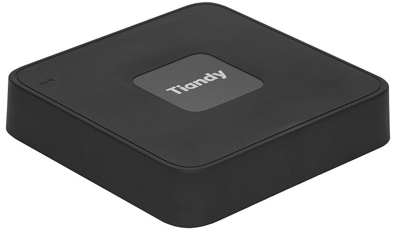 Фото-1 Сетевой видеорегистратор Tiandy TC-R3108 I/B P8 C EU L/S V2.0, вид сверху под углом: компактный чёрный корпус с закруглёнными краями и вставкой с логотипом Tiandy; показывает габаритный форм-фактор устройства для размещения на полке или стене.