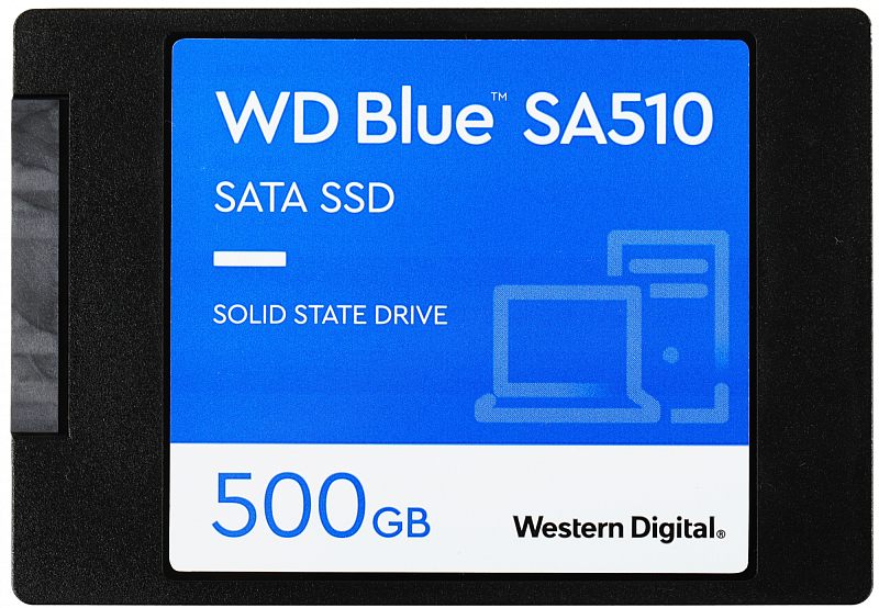 Фото-1 SSD WD Blue SA510 500GB, вид спереди: 2,5-дюймовый накопитель в чёрном корпусе с синей фронтальной наклейкой, видны логотип WD Blue, обозначение SATA SSD и ёмкость 500 GB; изображение показывает лицевую сторону товара для карточки модели.