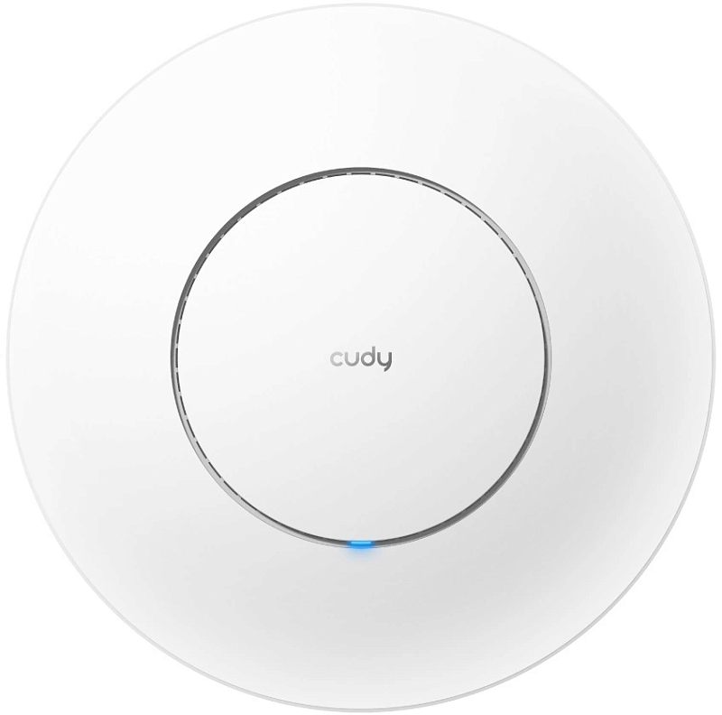 Фото-1 Точка доступа Cudy AP3000, вид сверху: белый круглый корпус с логотипом cudy, кольцевая окантовка и синяя светодиодная индикация.