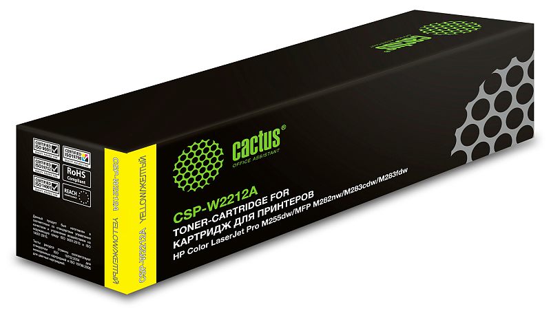 Фото-1 Тонер-картридж Cactus CSP-W2212A, жёлтый, коробка в ракурсе спереди-слева. На фото длинная чёрная упаковка с жёлтой боковой полосой, зелёным логотипом и маркировкой YELLOW на торце. Изображение показывает упаковку и цветовую идентификацию картриджа, что важно для страницы расходного материала.