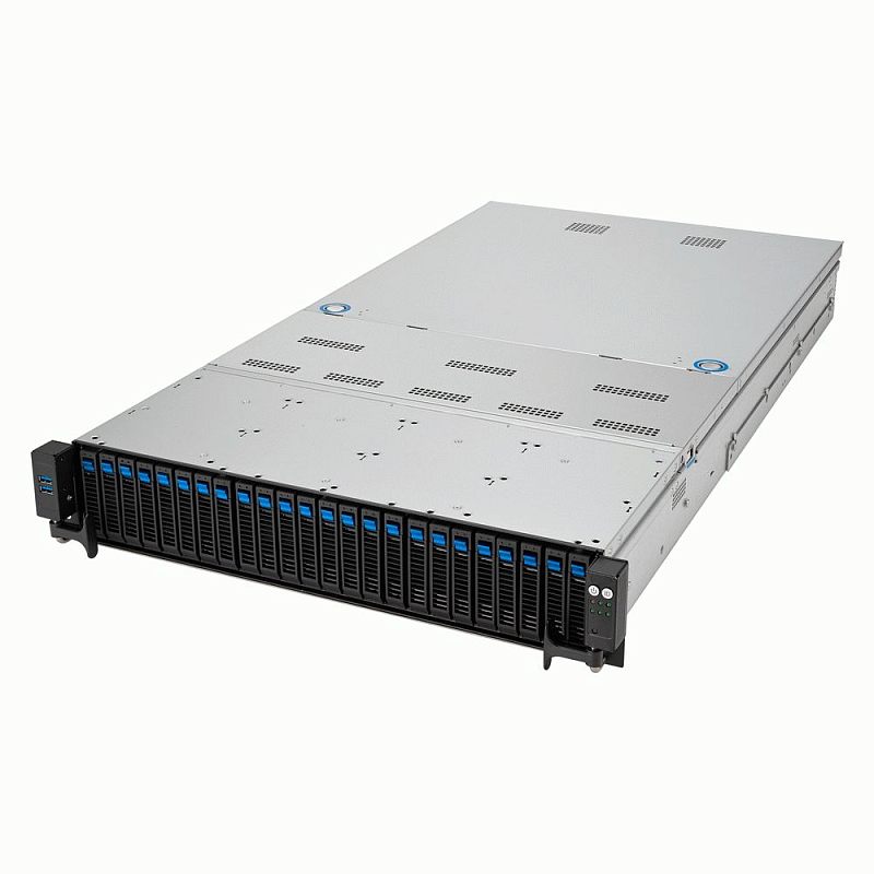 Фото-1 Серверная платформа ASUS RS720A-E12 RS24U, вид спереди под углом, фронтальная панель с корзинами 2,5" и синими фиксаторами, слева фронтальные USB, справа блок индикации, корпус серебристый с чёрной передней панелью.
