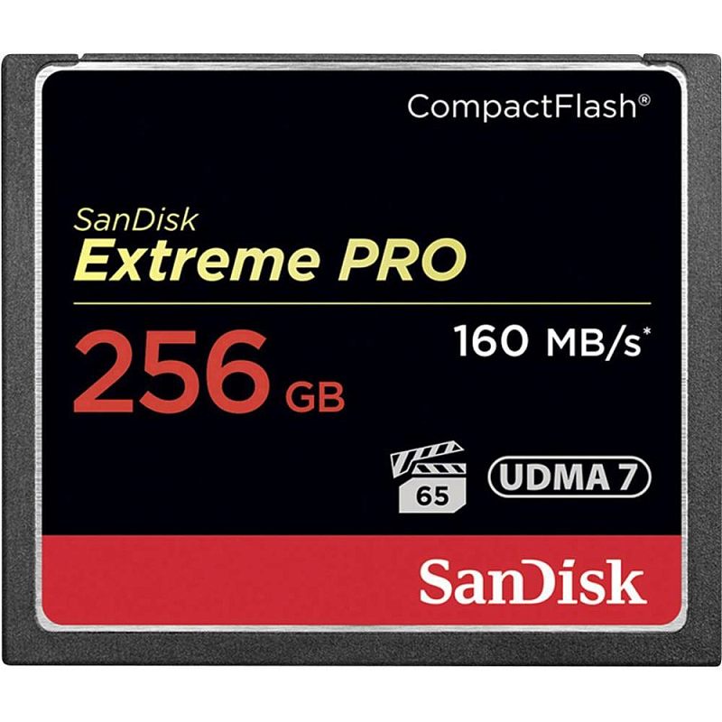 Фото-1 Карта памяти SanDisk Extreme PRO CompactFlash SDCFXPS-256G-X46 256GB, вид спереди на белом фоне; чёрный корпус с красной полосой и маркировкой 160 MB/s, UDMA7; помогает идентифицировать конкретную CF‑карту на странице товара.