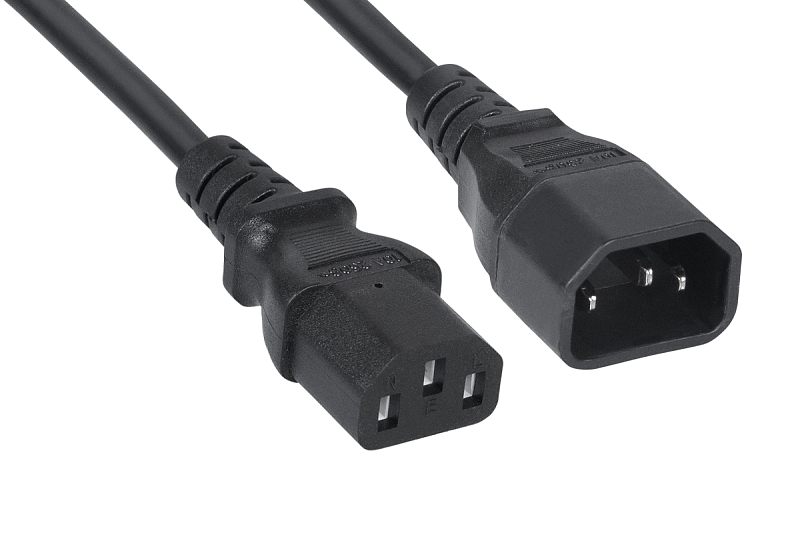 Фото-1 Кабель питания Cabeus PC-189 VDE, разъёмы IEC 320 C13 и IEC 320 C14 крупным планом, литые корпуса с рифлением у ввода кабеля, чёрный
