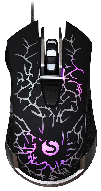 Фото-1 Проводная игровая мышь Sunwind SW-M705G, вид сверху; на фото чёрный корпус с рисунком в виде светлых линий, белое колесо прокрутки, полупрозрачные вставки и фиолетовая подсветка логотипа, для страницы товара игровой мыши.