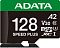 Фото-2 Карта памяти microSDXC ADATA 128GB Speed Plus &mdash; крупный план microSD: чёрно‑зелёная этикетка с надписью ADATA, обозначения A2, V30 и microSDXC; изображение помогает распознать модель microSD на странице товара