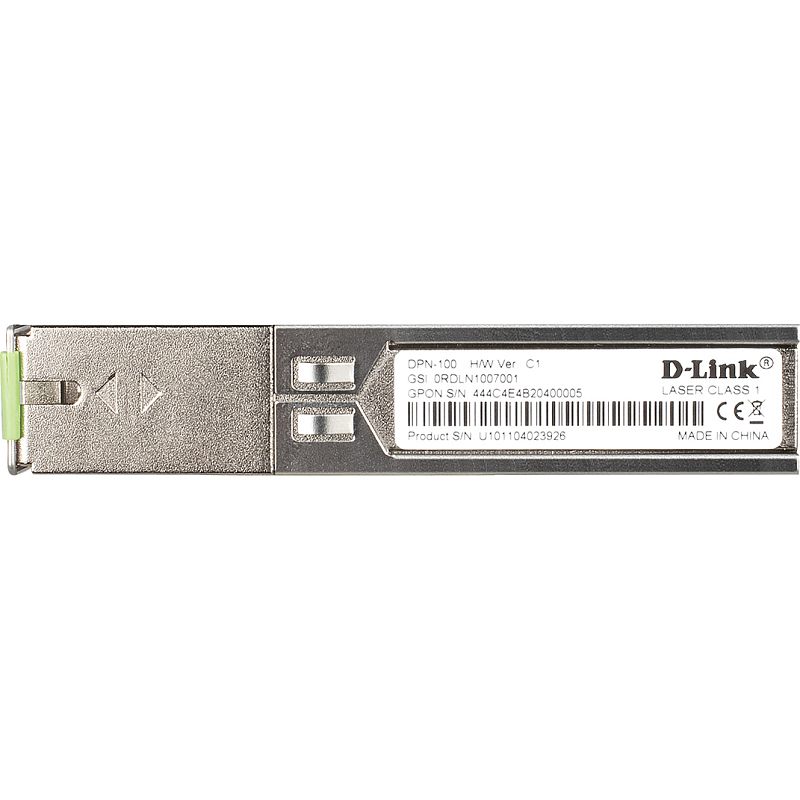 Фото-1 Трансивер D‑Link SFP DPN‑100 C1A, боковой вид — серебристый корпус с наклейкой D‑Link и серийными данными, видны фиксирующие элементы на корпусе и светло‑зелёный рычажок; помогает сверить модель и ориентацию модуля для подбора под SFP‑порт.