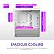 Фото-5 Корпус NZXT H3 Flow 2025 (CC-H31FW-01), инфографика &laquo;spacious cooling&raquo;: внутренний вид корпуса с цветными метками мест установки вентиляторов/радиаторов сверху, спереди, снизу и сзади; изображение показывает варианты размещения охлаждения в корпусе.
