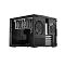 Фото-6 Корпус ПК Fractal Design Node 804, чёрный &mdash; внутренний вид без внешних панелей, под углом; сверху установлены металлические корзины для накопителей, сзади два посадочных места под вентиляторы и слоты расширения. Контекст: демонстрация внутренней компоновки и креплений накопителей.