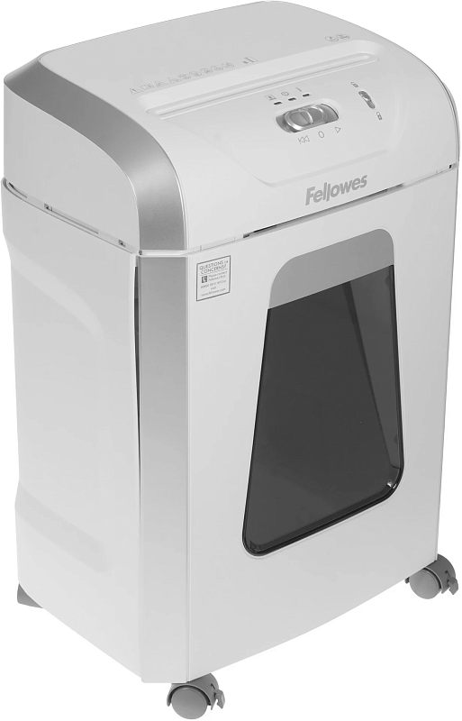 Фото-1 Уничтожитель бумаги Fellowes PowerShred 15S, вид спереди под углом: белый корпус с серыми боковыми накладками, сверху приёмная щель и органы управления, спереди большое тёмное окно корзины, снизу колёса; показывает габариты корпуса и окно контроля заполнения на странице товара.