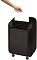 Фото-2 Шредер бумаги Fellowes Powershred LX210, демонстрация подачи: рука вставляет лист в верхнюю щель, на верхней панели видны индикаторы, чёрный корпус на колёсиках.
