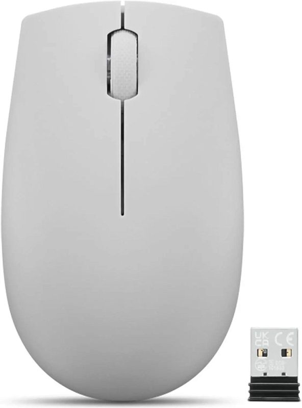 Фото-1 Беспроводная компактная мышь Lenovo 300 Wireless Compact, вид сверху; показаны две основные кнопки, колесо прокрутки и USB-приёмник рядом с корпусом, светло-серый цвет, изображение нужно для идентификации модели и комплекта подключения