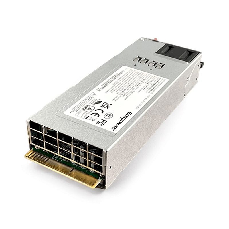 Фото-1 Серверный блок питания Gospower 1U - вид под углом со стороны контактной части: решётчатый торец и краевой разъём подключения к серверу, сверху наклейка с маркировками; серебристый металлический корпус, фото важно для проверки интерфейса модуля в шасси