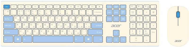 Фото-1 Беспроводной комплект клавиатура и мышь Acer OCC205 (ZL.ACCEE.00C), вид сверху: светлая полноразмерная клавиатура с цифровым блоком и мышь рядом, голубые акцентные клавиши и голубое колёсико прокрутки на белом фоне; показывает состав набора для рабочего места.