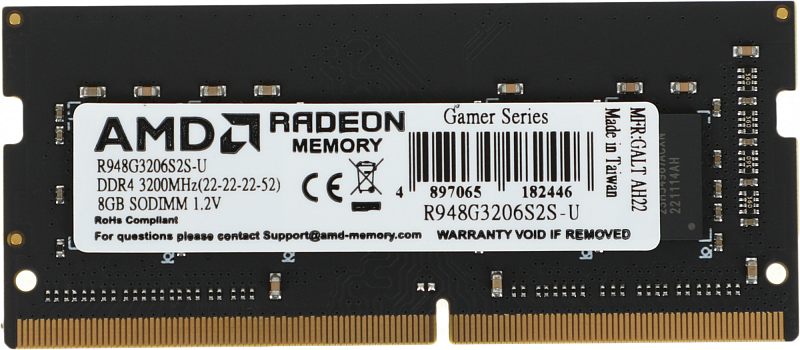 Фото-1 Модуль памяти AMD Radeon R9 Gamers Series R948G3206S2S-U, 8GB SO-DIMM DDR4 3200MHz - фронтальный вид с наклейкой. Видны белая этикетка с маркировкой, чёрная плата и золотистые контакты. Фото на светлом фоне помогает идентифицировать модель и формат модуля на странице товара.