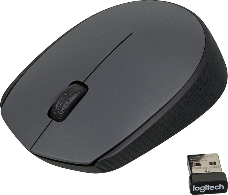 Фото-1 Мышь Logitech M170 беспроводная, серый цвет, вид сверху под углом. На фото компактный корпус с серой верхней панелью, чёрными боковинами, колесом прокрутки и отдельным USB-ресивером рядом. Для страницы товара это важно, потому что показывает форму мыши и комплектный приёмник.