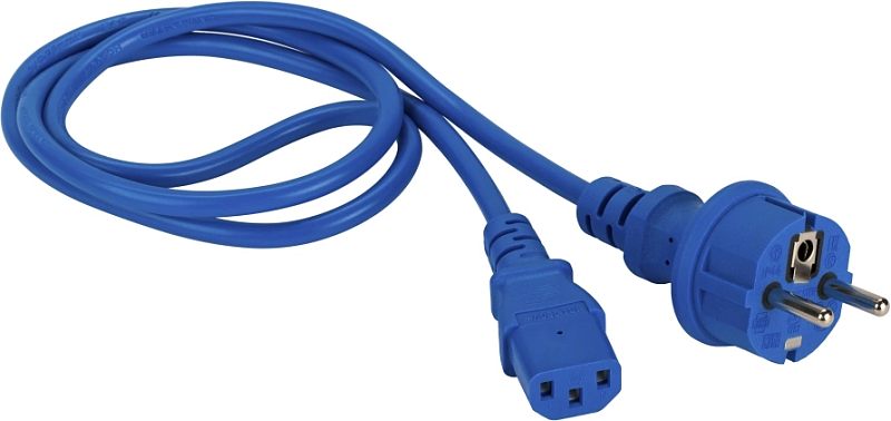 Фото-1 Кабель питания Lanmaster IEC 320 C13 — Schuko CEE 7, 10A, 1 м (LAN-PP13-SH-1.0-BL): общий вид, синий кабель в бухте, показаны вилка Schuko и разъём IEC C13; литые корпуса разъёмов и ребристая разгрузка, на белом фоне для выбора кабеля питания по разъёмам