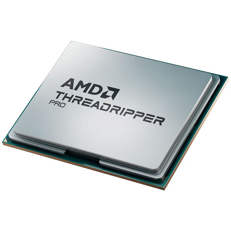 Фото-1 Процессор AMD Ryzen Threadripper Pro 9985WX, вид сверху под углом; на фото видна серебристая крышка с маркировкой AMD Threadripper Pro, тёмно-зелёная подложка по периметру и выступающие элементы корпуса, изображение используется для визуальной идентификации процессора на странице товара.