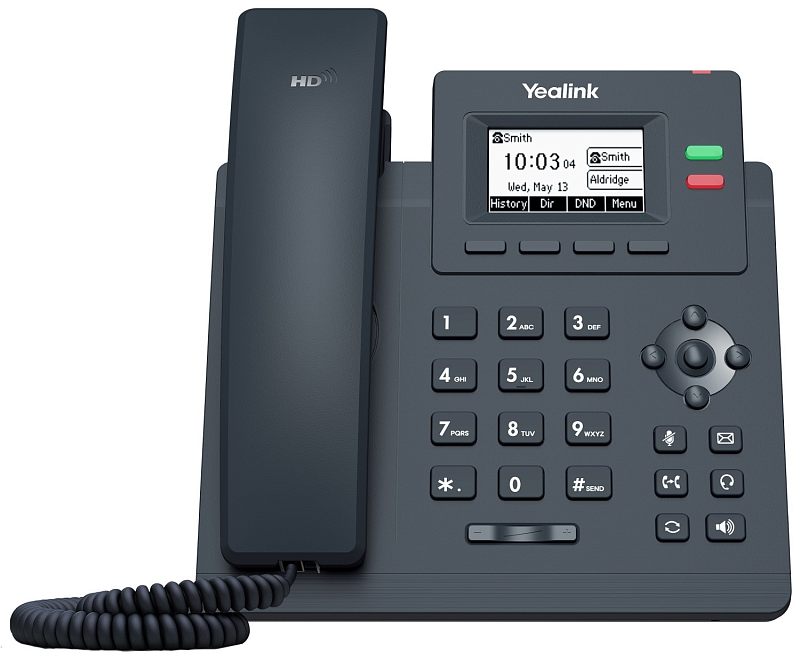 Фото-1 IP-телефон Yealink SIP-T31G, вид спереди (крупный план); тёмно-серый корпус, монохромный экран, трубка слева, цифровая клавиатура и цветные кнопки управления вызовом справа — чтобы рассмотреть расположение клавиш и экрана модели.