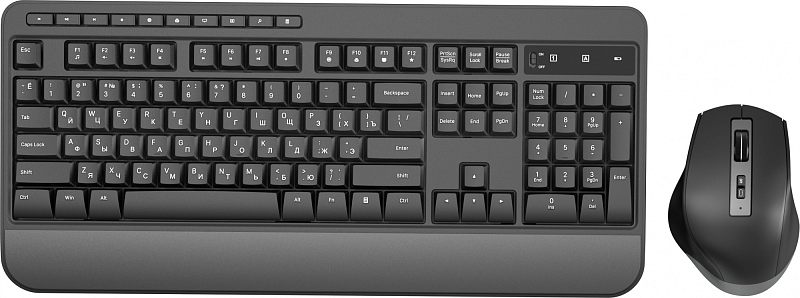 Фото-1 Комплект клавиатура и мышь Oklick S290W (351701), вид сверху: чёрная клавиатура с цифровым блоком и отдельным рядом мультимедийных клавиш, рядом чёрная мышь с колесом и кнопкой DPI; показывает состав и внешний вид для выбора комплекта.