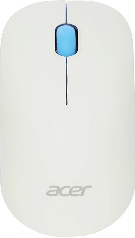 Фото-1 Беспроводная мышь Acer OMR205, вид сверху. На фото корпус белого цвета, голубое колесо прокрутки, тонкая центральная линия разделения кнопок и логотип Acer на нижней части; изображение на белом фоне показывает верхнюю компоновку модели для страницы товара.