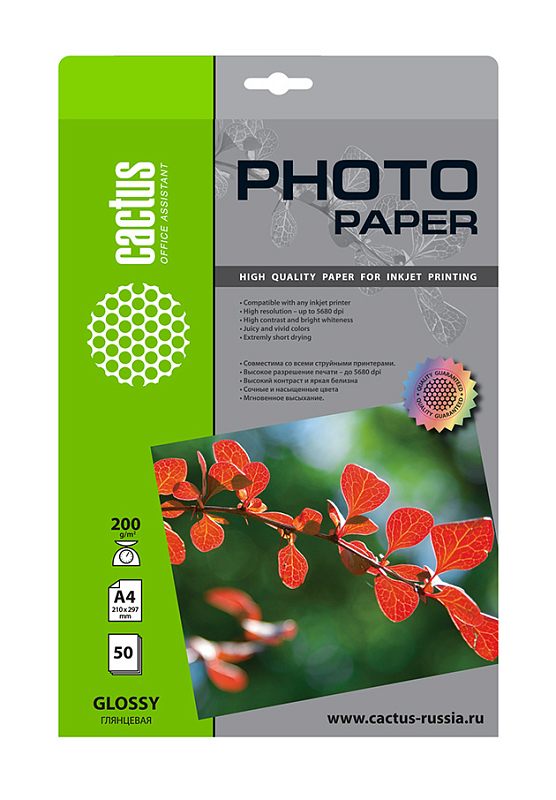 Фото-1 Фотобумага Cactus Photo Paper A4, 50 листов, глянцевая 200 г/м²: лицевая сторона упаковки с зелёной вертикальной полосой, надписью PHOTO PAPER и фото красных листьев; пиктограммы «200», «A4», «50», «GLOSSY». На белом фоне для карточки товара, чтобы распознать параметры по фронтальной стороне.