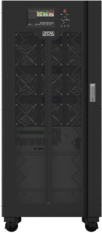 Фото-1 ИБП Powercom Vanguard II 33 VGD II 200M33-50M, фронтальный вид: высокий чёрный шкафной корпус на колёсах, в верхней части расположен дисплей и индикаторы, ниже — несколько секций дверей с перфорированными вставками; фото показывает внешний вид модульного напольного ИБП.