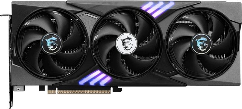 Фото-1 Видеокарта MSI GeForce RTX 5060 Ti Gaming Trio OC, вид спереди на белом фоне: чёрный корпус с тремя вентиляторами, световые полосы и видимая PCIe-кромка; фото показывает фронтальную систему охлаждения для карточки товара.