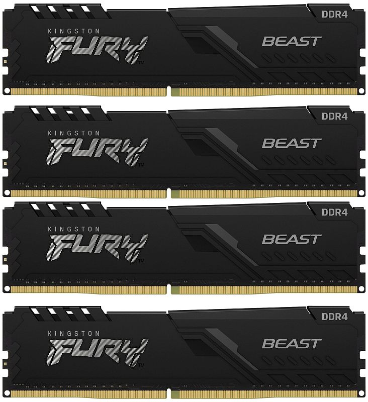 Фото-1 Комплект памяти Kingston Fury Beast Black KF436C17BBK4/32, вид спереди. На фото четыре чёрных модуля DIMM, расположенные рядами, с радиаторами, надписью FURY и маркировкой DDR4 на каждом. Изображение показывает состав комплекта из четырёх модулей для страницы товара.