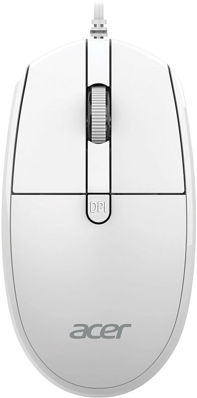 Фото-1 Проводная мышь Acer OMW401, белая, вид строго сверху; видны кабель, колесо прокрутки, кнопка DPI под колесом и логотип Acer на нижней части корпуса; изображение для страницы товара показывает верхнюю компоновку элементов управления.