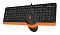 Фото-12 Комплект A4Tech F1010 (Orange), клавиатура и мышь в кадре: мышь расположена поверх клавиатуры, видны провод и цифровой блок, оранжевая подложка клавиатуры; важно для визуальной идентификации набора в карточке товара.
