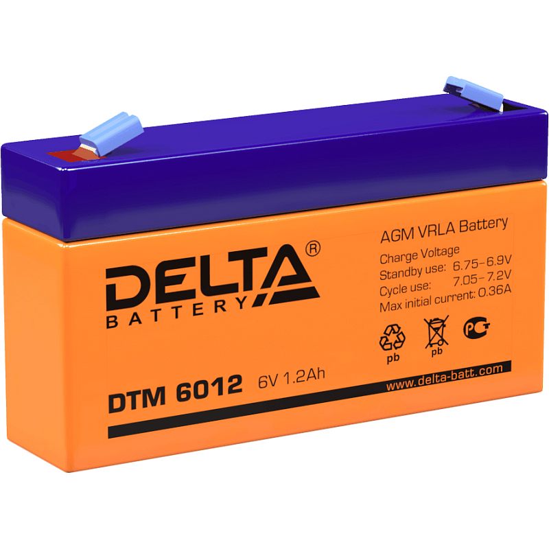 Фото-1 Аккумулятор для ИБП Delta DTM 6012, вид под углом; оранжево-синий корпус с верхними клеммами под колпачками и маркировкой модели на этикетке; фото на белом фоне, помогает идентифицировать модель и тип клемм.