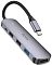 Фото-2 USB-C хаб Hoco HB27, вид под углом с другой стороны: на торце разъём HDMI, сбоку три порта USB-A (один с синей вставкой) и порт USB-C, подключён кабель USB-C; серебристый корпус на белом фоне помогает рассмотреть расположение портов.