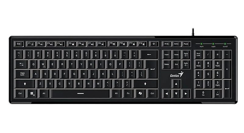 Фото-1 Мембранная клавиатура Genius SlimStar 820, вид сверху; полноразмерная раскладка с цифровым блоком, чёрный корпус, тонкие рамки, белая маркировка на клавишах и зелёные индикаторы в правом верхнем углу; фото показывает общий внешний вид и компоновку модели для страницы товара.