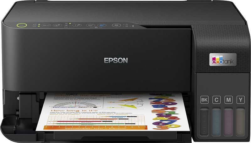 Фото-1 МФУ Epson EcoTank L3550 C11CK59405, вид спереди: принтер с выдвинутым лотком и листом при печати; справа видны прозрачные окна уровня чернил и маркировка цветов, корпус чёрный; фото на белом фоне, показывает внешний вид и расположение блока чернил для страницы товара МФУ.