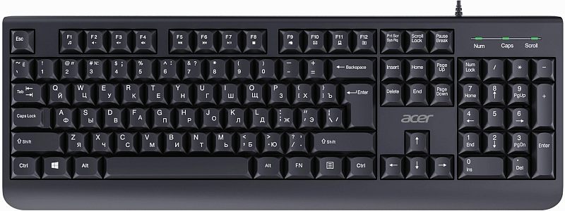 Фото-1 Клавиатура Acer OKW400, вид спереди сверху на чёрную проводную клавиатуру с цифровым блоком; видны полноразмерная раскладка, отдельный навигационный блок, индикаторы Num Caps Scroll и логотип Acer по центру. Подходит для страницы товара, чтобы показать раскладку и цвет корпуса.