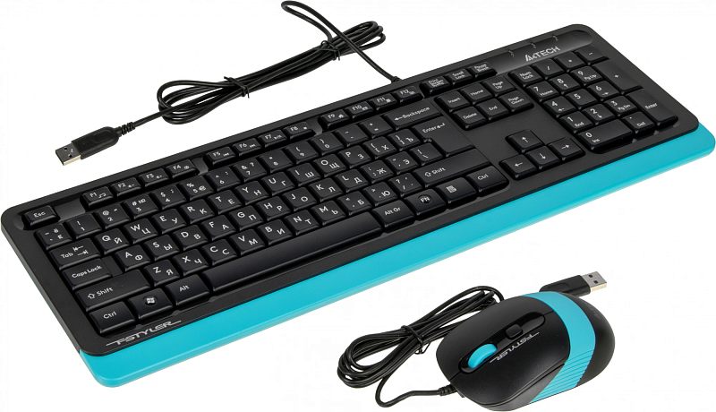Фото-1 Комплект клавиатура и мышь A4Tech F1010 Blue, общий вид под углом: чёрная клавиатура на голубой подложке и проводная мышь чёрная с голубыми вставками на белом фоне; фото показывает состав набора и цветовое исполнение для выбора на странице товара.