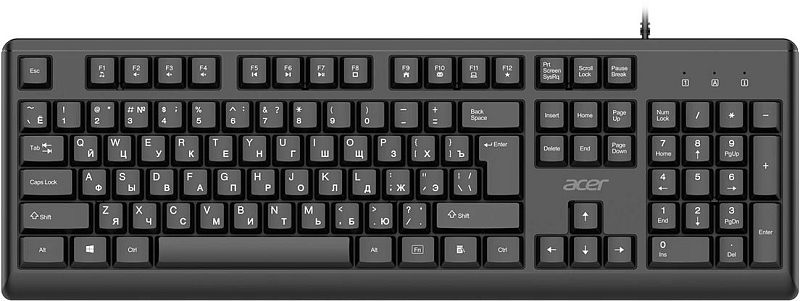 Фото-1 Клавиатура Acer OKW501, вид сверху. На фото проводная мембранная клавиатура тёмно-серого цвета с цифровым блоком, русско-латинской раскладкой и отдельным рядом функциональных клавиш. Изображение важно для страницы товара, так как показывает раскладку и полноразмерный корпус модели.