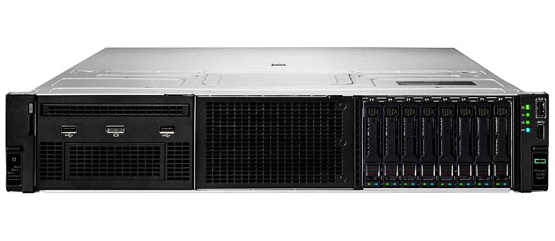 Фото-1 Сервер HPE ProLiant DL380 Gen11, вид спереди; стойковый корпус 2U в чёрно-серебристом исполнении, восемь отсеков 2,5 дюйма справа, центральная вентиляционная решётка, слева три фронтальных порта и служебная панель с индикацией; подходит для карточки товара, чтобы показать переднюю панель и конфигурацию дисковых отсеков.